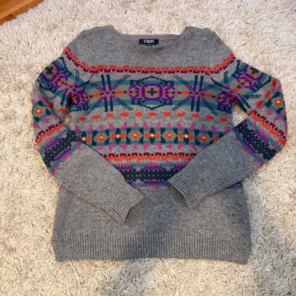 Chaps Fair‎ Isle Petite Sweater P/S Gray Multi Cottagecore Cabincore Boho